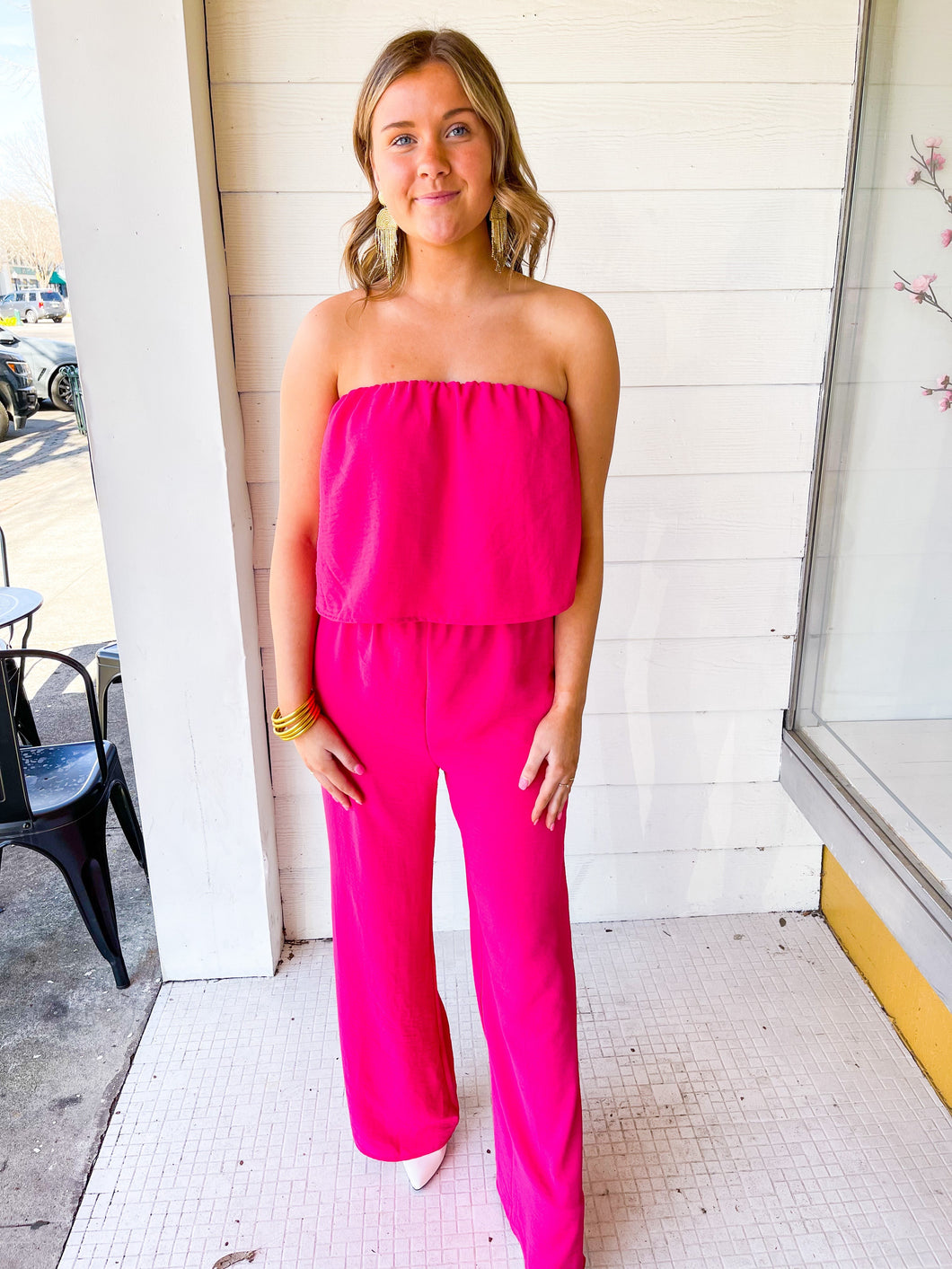 Chesley Strapless Ruffle Jumpsuit- Hot Pink