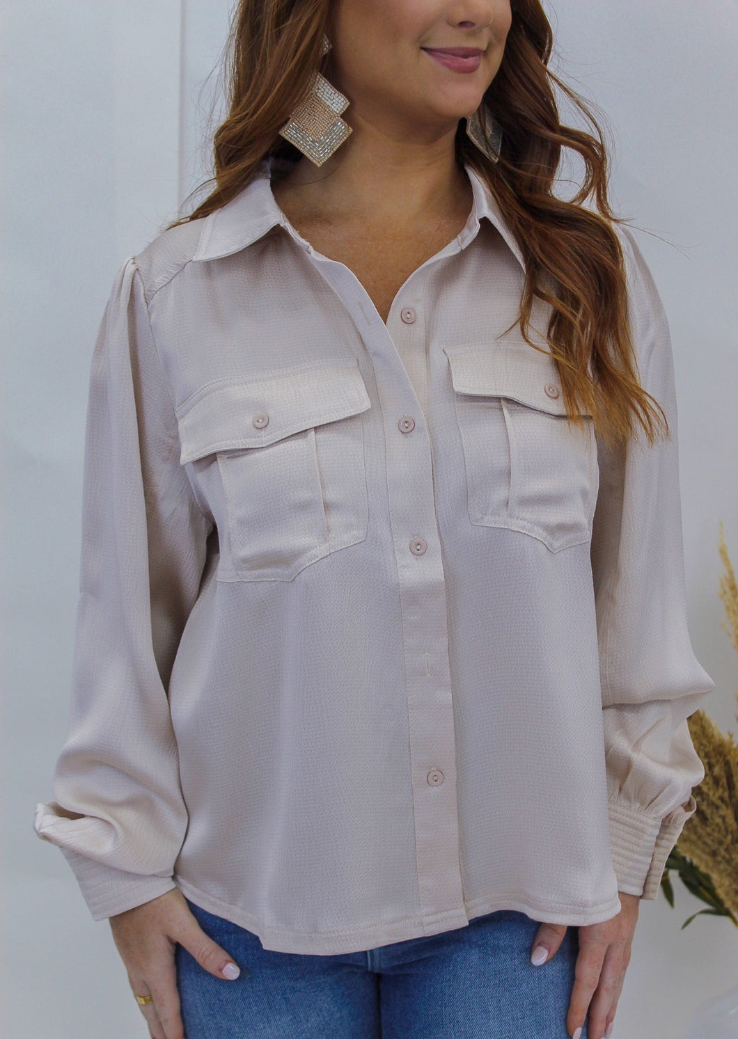 It Girl Satin Button Up Blouse- Champagne