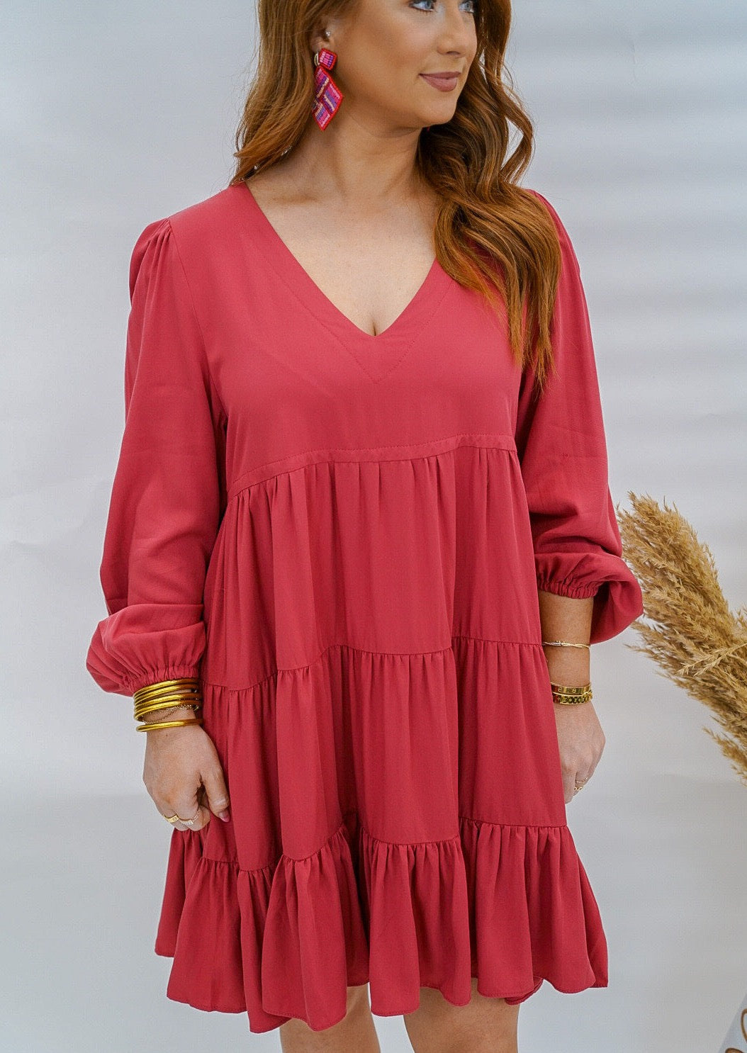 Carrie V Neck Tiered Dress- Berry