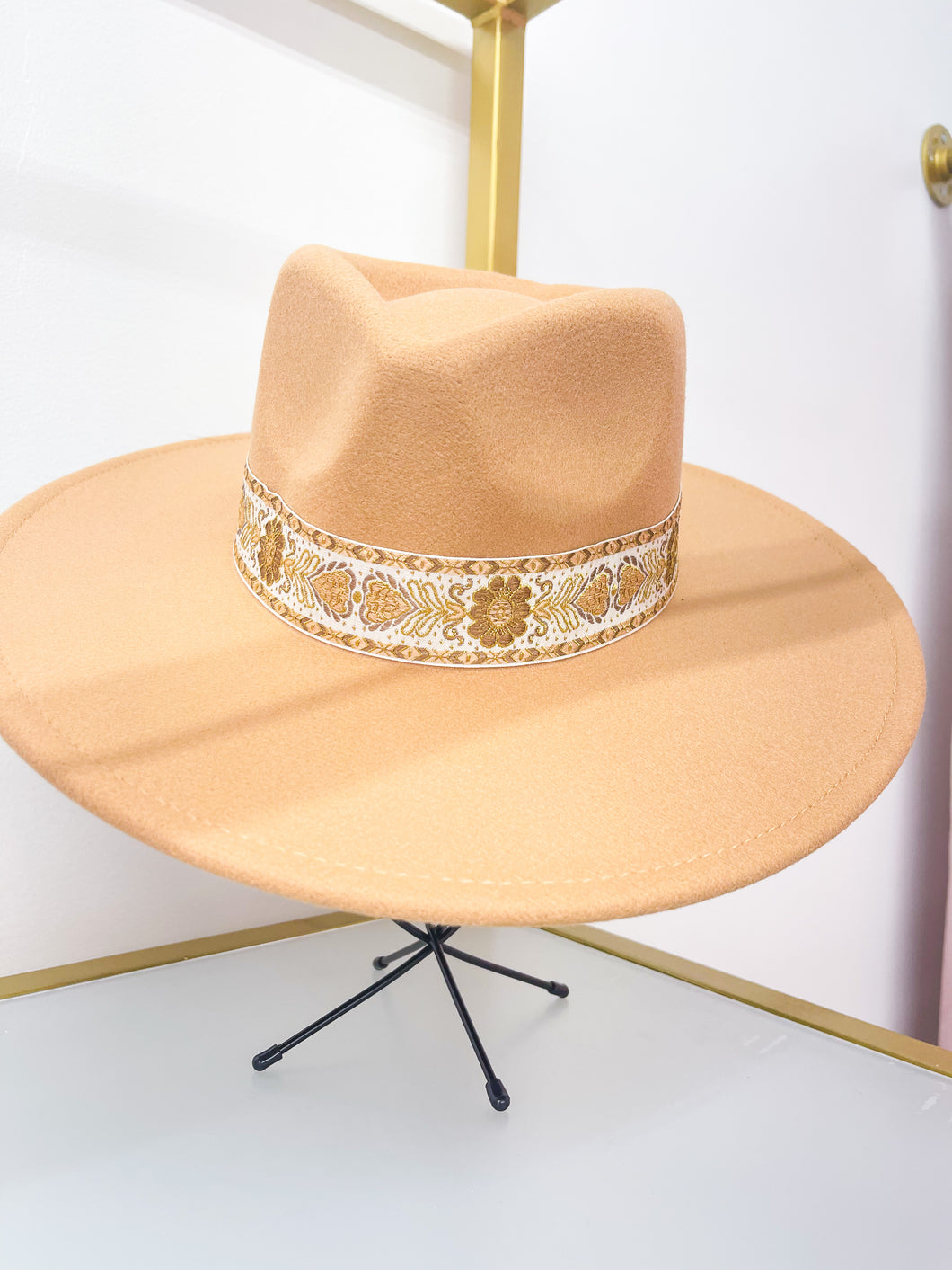 Embroidered Strap Fedora Hat - Tan