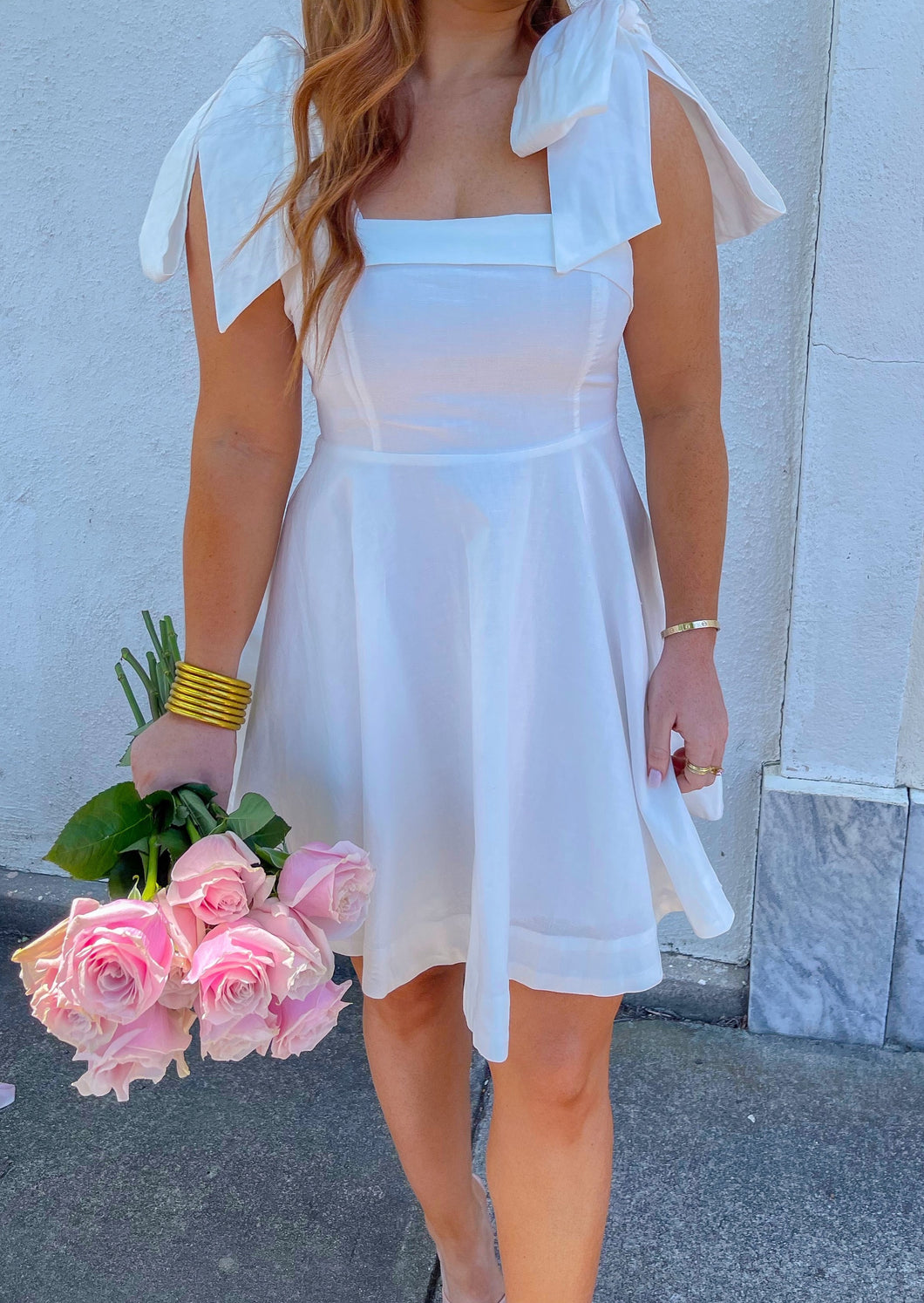 Better Off Ribbon Tie Fit Flare Mini Dress- White