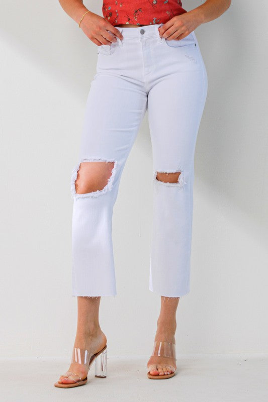 High Rise Crop Slim Straight Leg Distressed Jean - White