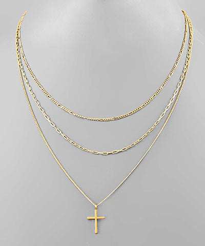 Brass Cross Pendant 3 Row Necklace
