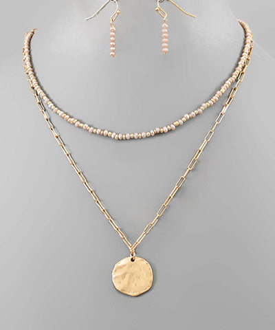 Hammered Disk Chain & Bead Necklace