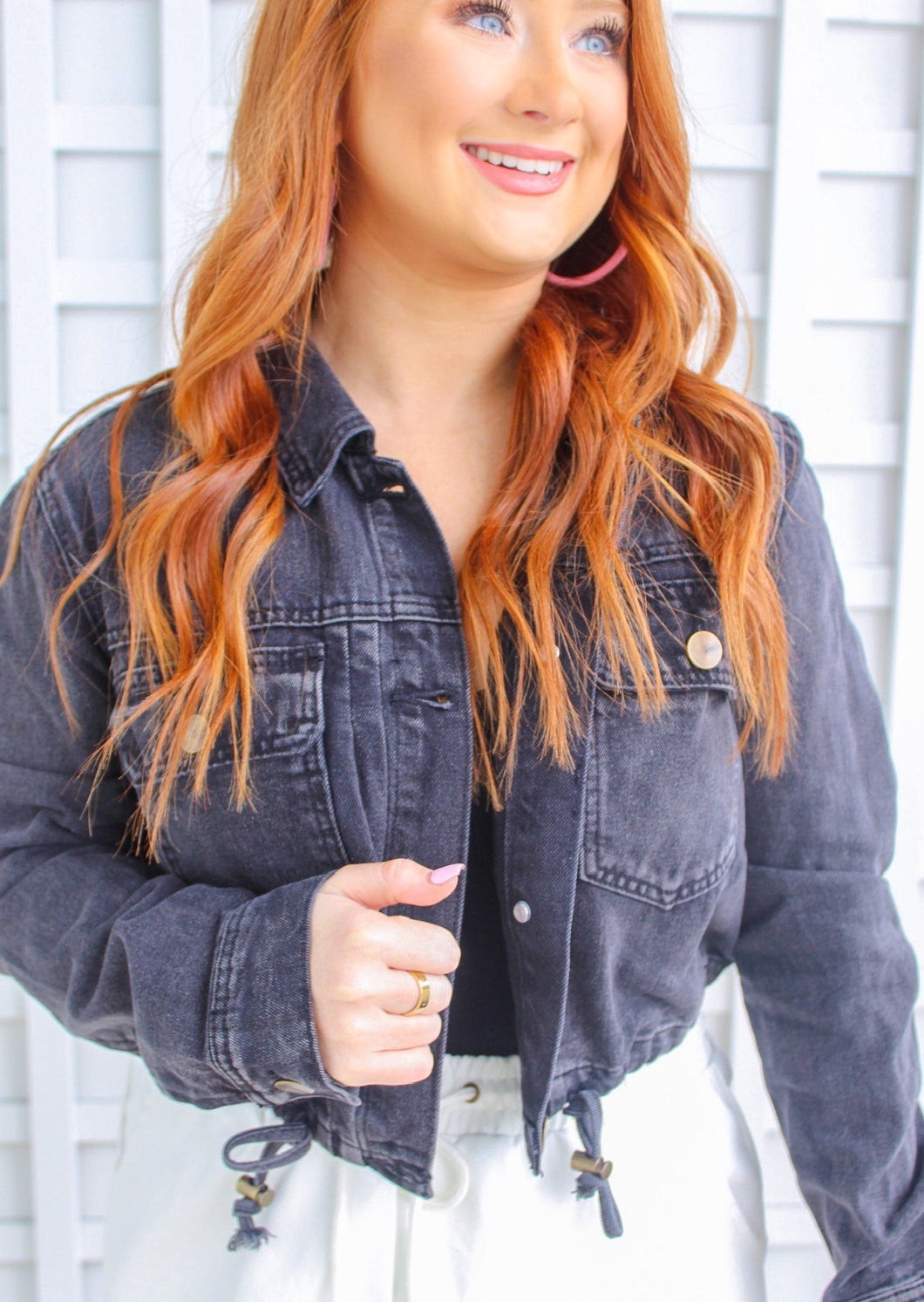 Aubrey Drawstring Crop Denim Jacket- Charcoal Grey