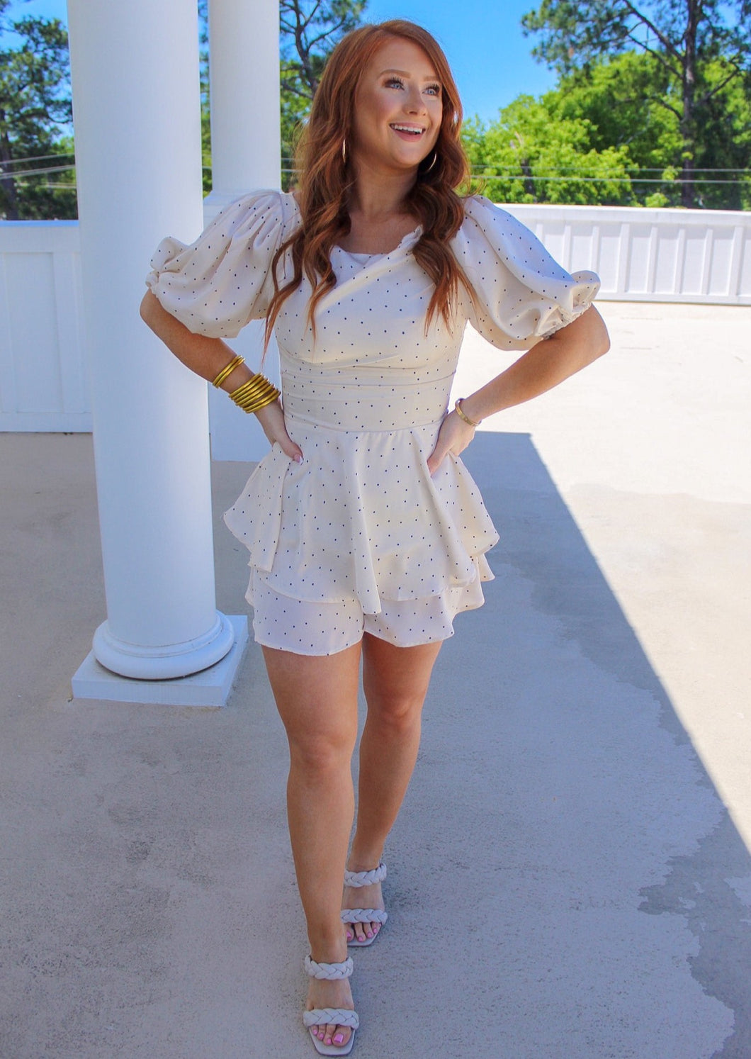 Material Girl Polka Dot Ruffle Romper- Cream