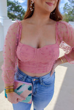 Load image into Gallery viewer, Godwin Polka Dot Mesh Sleeve Smocked Crop Top- Pink
