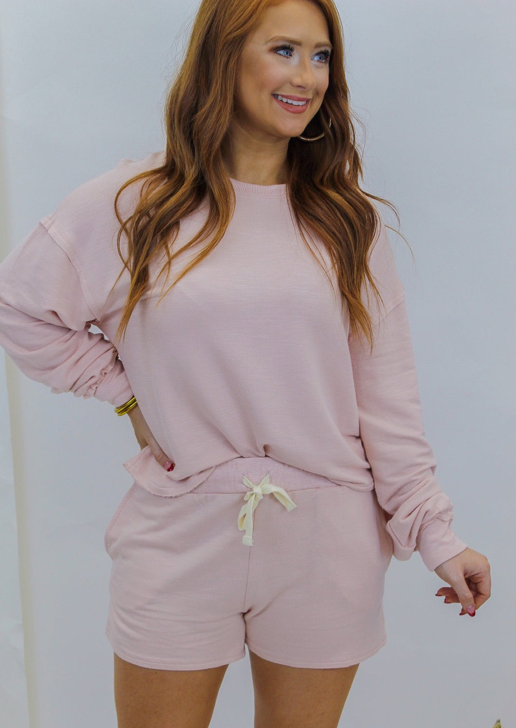 So Comfy Sweatshirt & Shorts Set- Pastel Pink