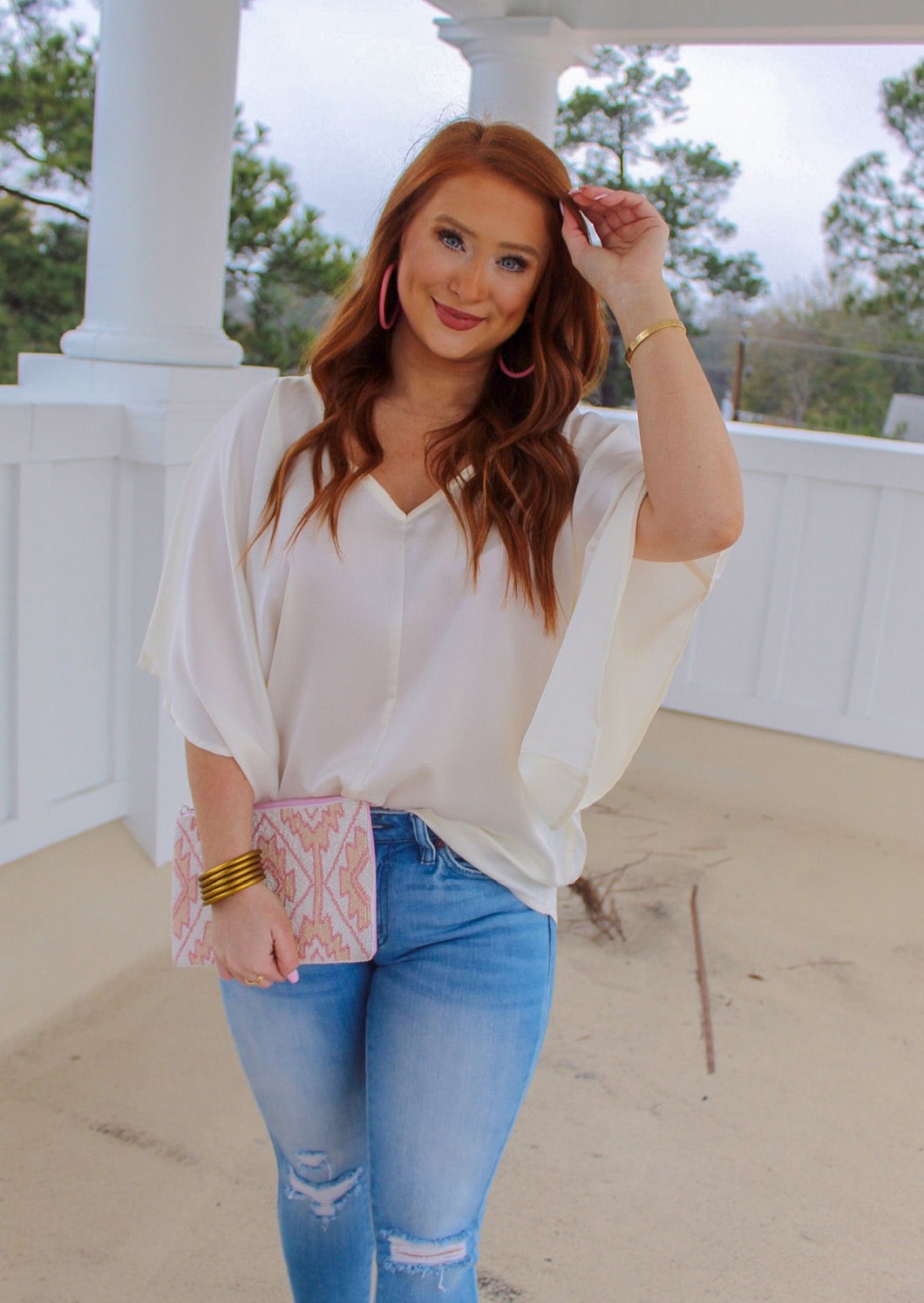 Adalee Kimono Sleeve V Neck Blouse- Cream