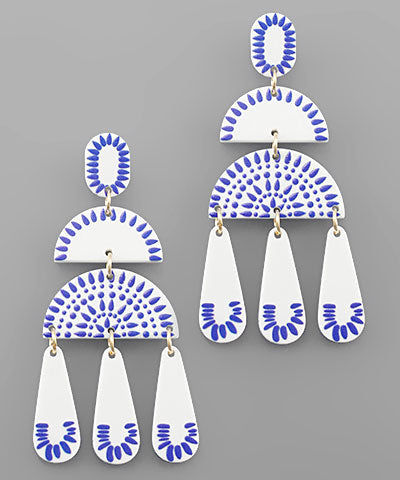 Printed Fan & Teardrop Dangle Earrings