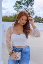 Load image into Gallery viewer, Godwin Polka Dot Mesh Sleeve Smocked Crop Top-White
