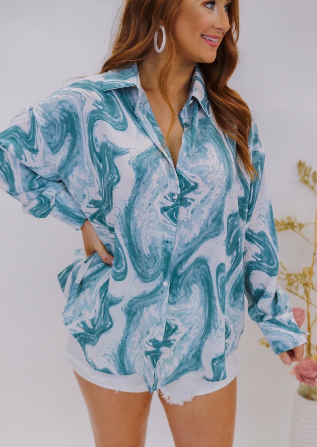 Marble Print Button Down Shirt- Blue