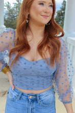 Load image into Gallery viewer, Godwin Polka Dot Mesh Sleeve Smocked Crop Top- Dusty Blue
