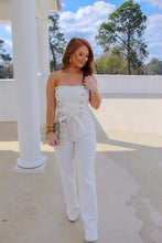 Load image into Gallery viewer, Decker Button Detail Strapless Denim Jumpsuit- Off White
