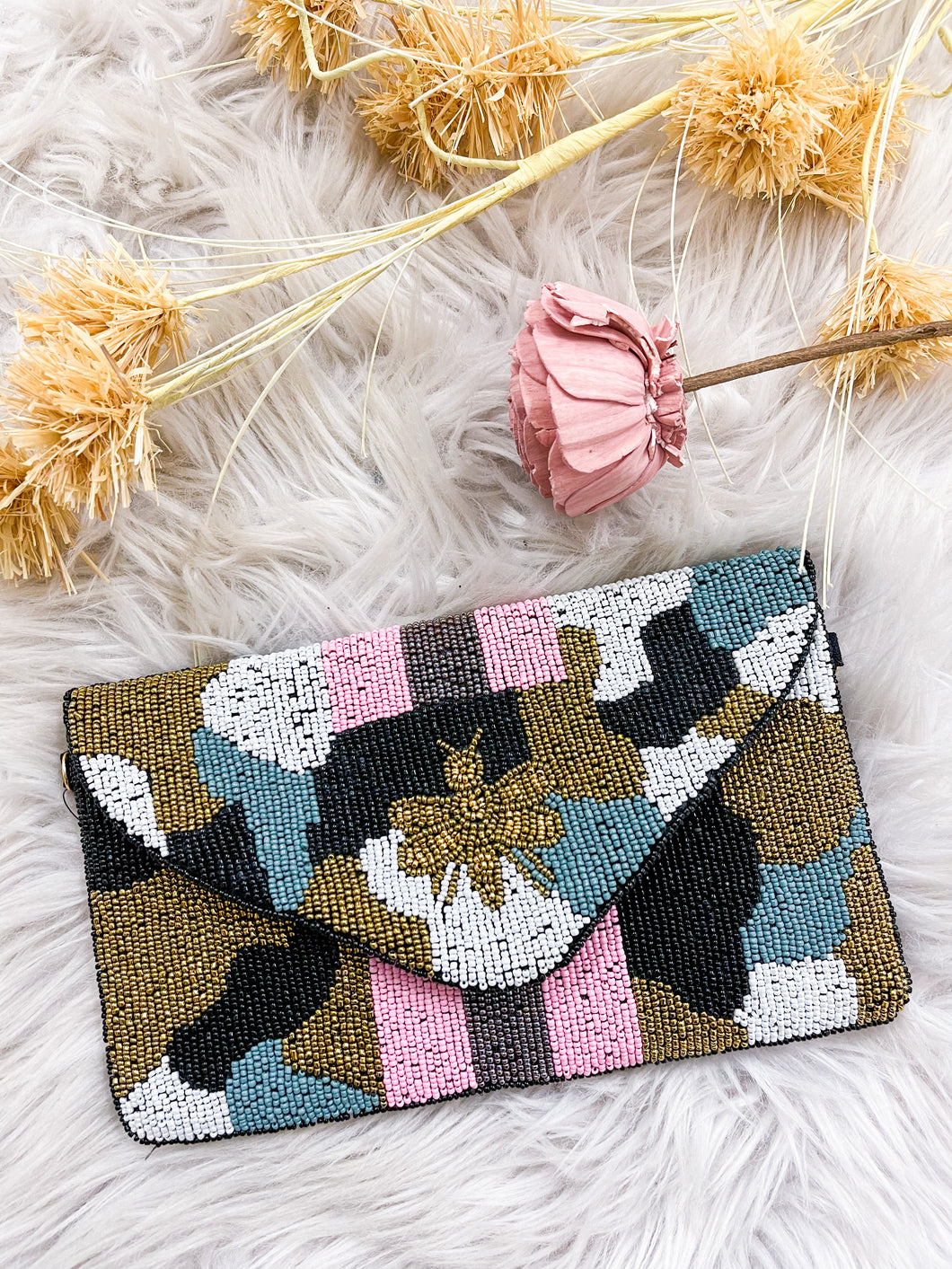 Pink Multi Colored Bee Seed Bead Clutch