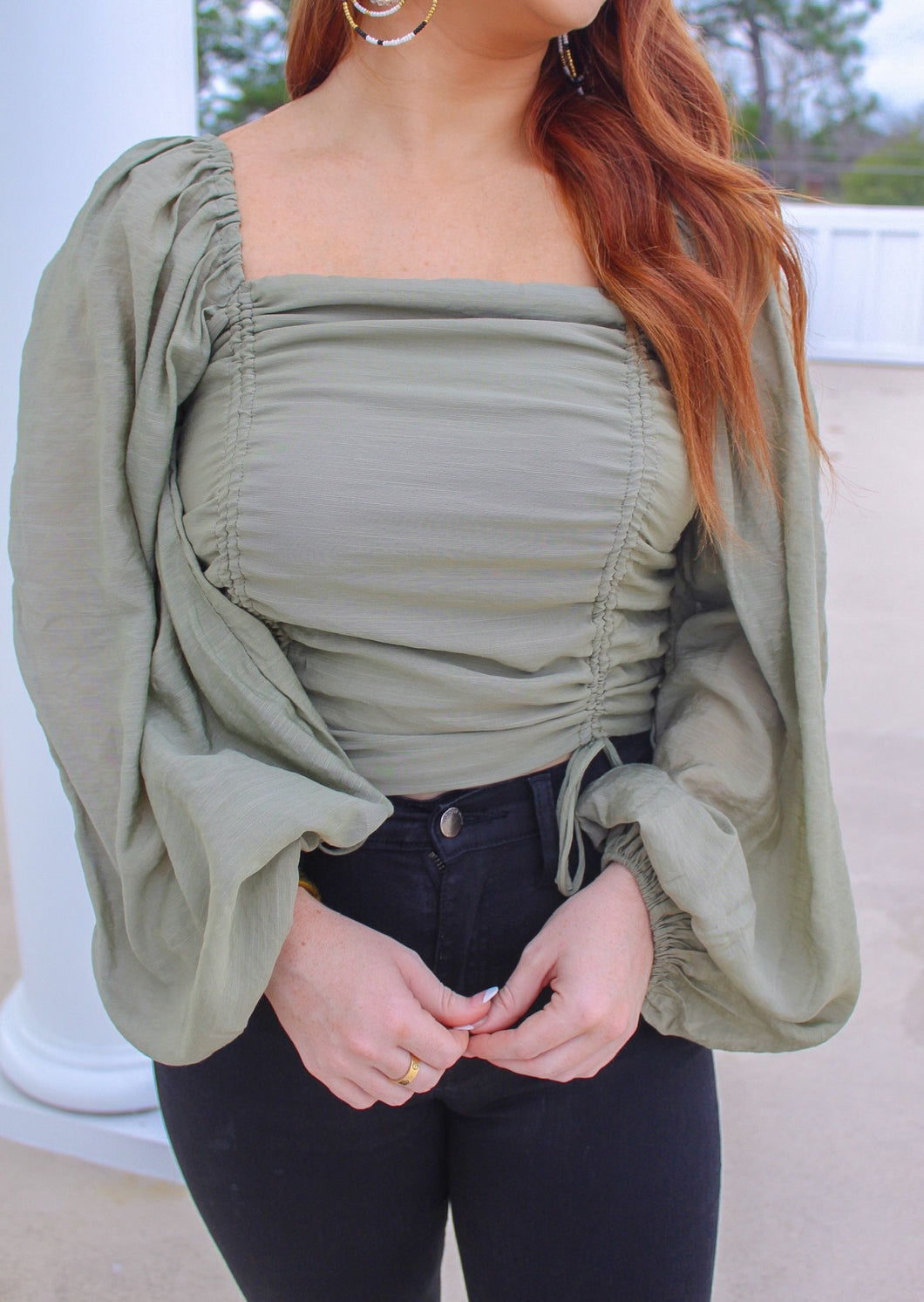 Amara Smocked Balloon Sleeve Crop-Olive