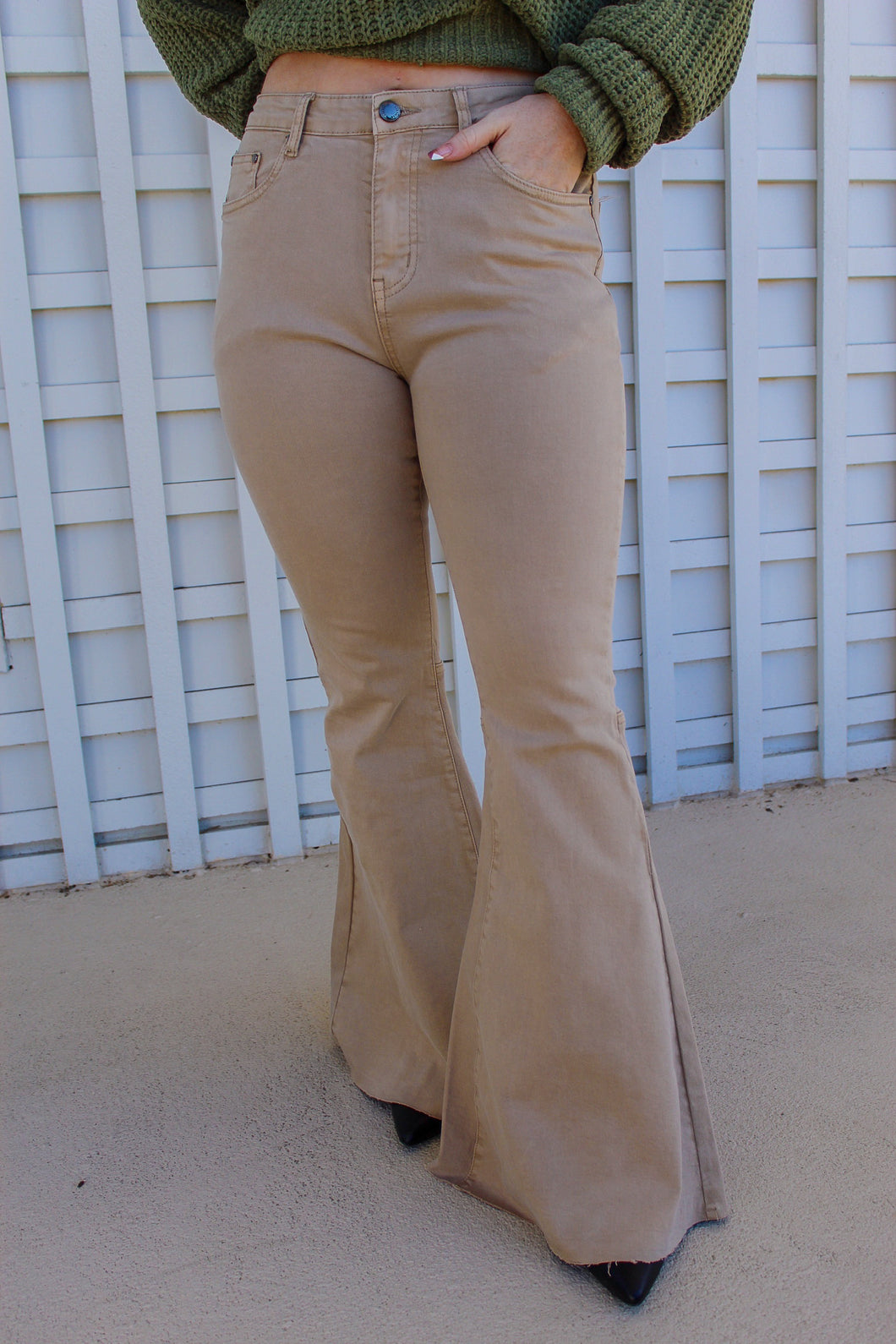 Beige Stretch High Rise Flares