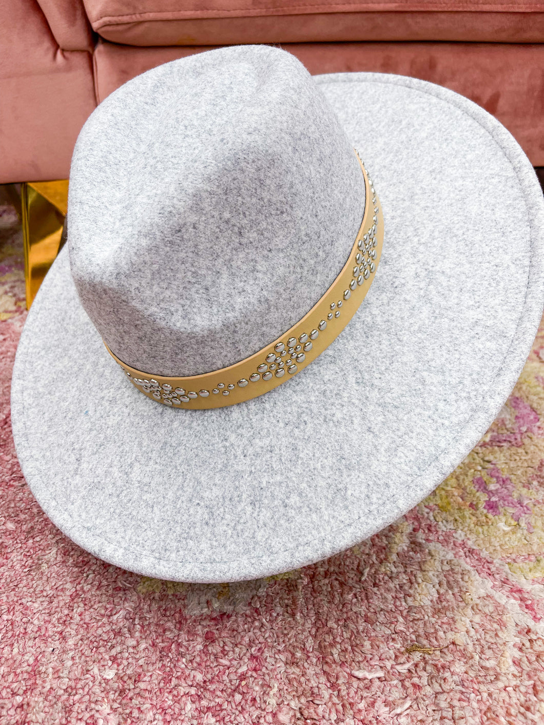 Grey & Tan Studded Starp Felt Hat