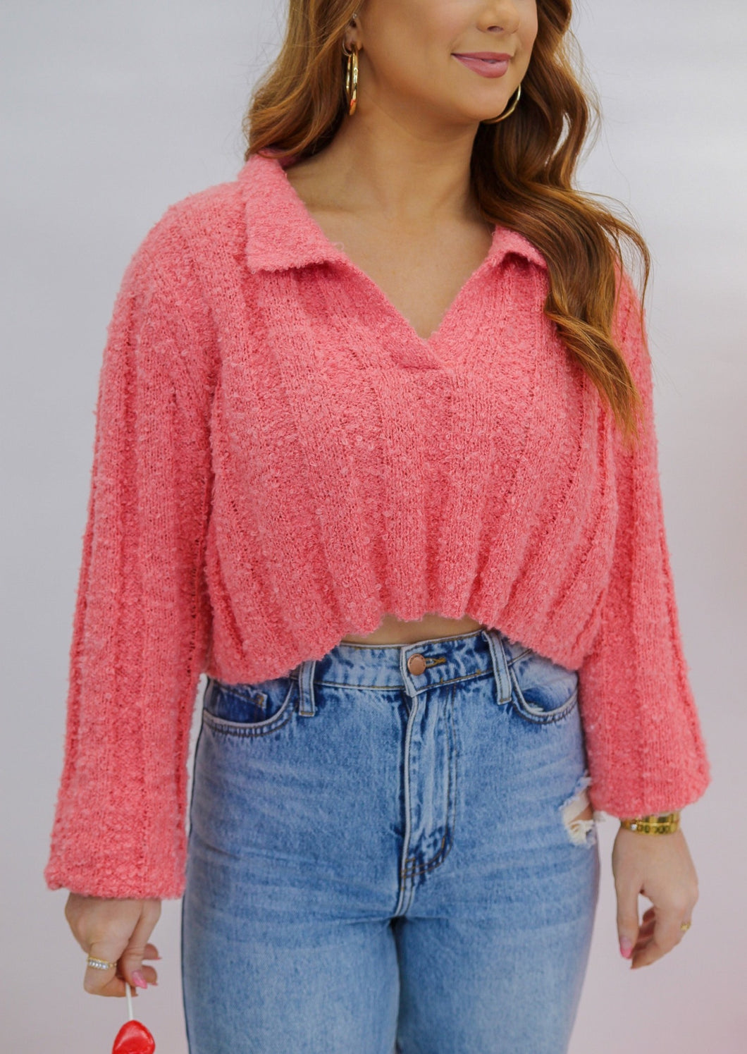 Gimmie More Collared Crop Sweater- Rose