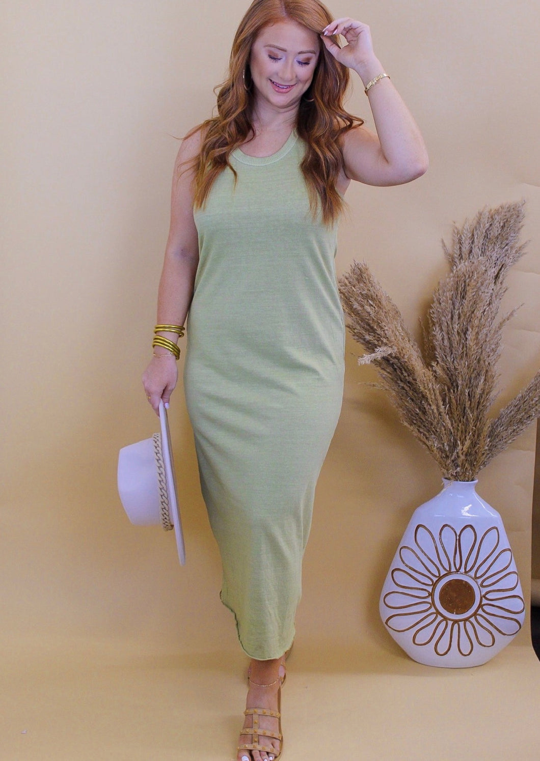 Fun Day Sleeveless Midi Dress- Moss