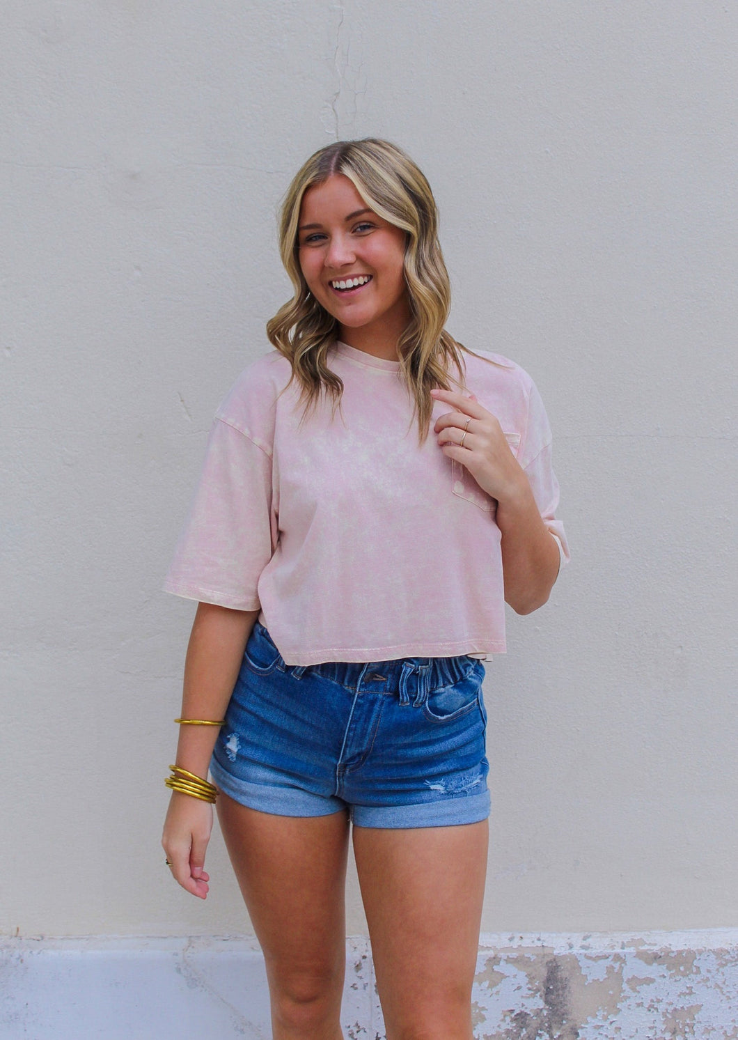 Saylor Casual Crew Neck Crop Tee- Peach