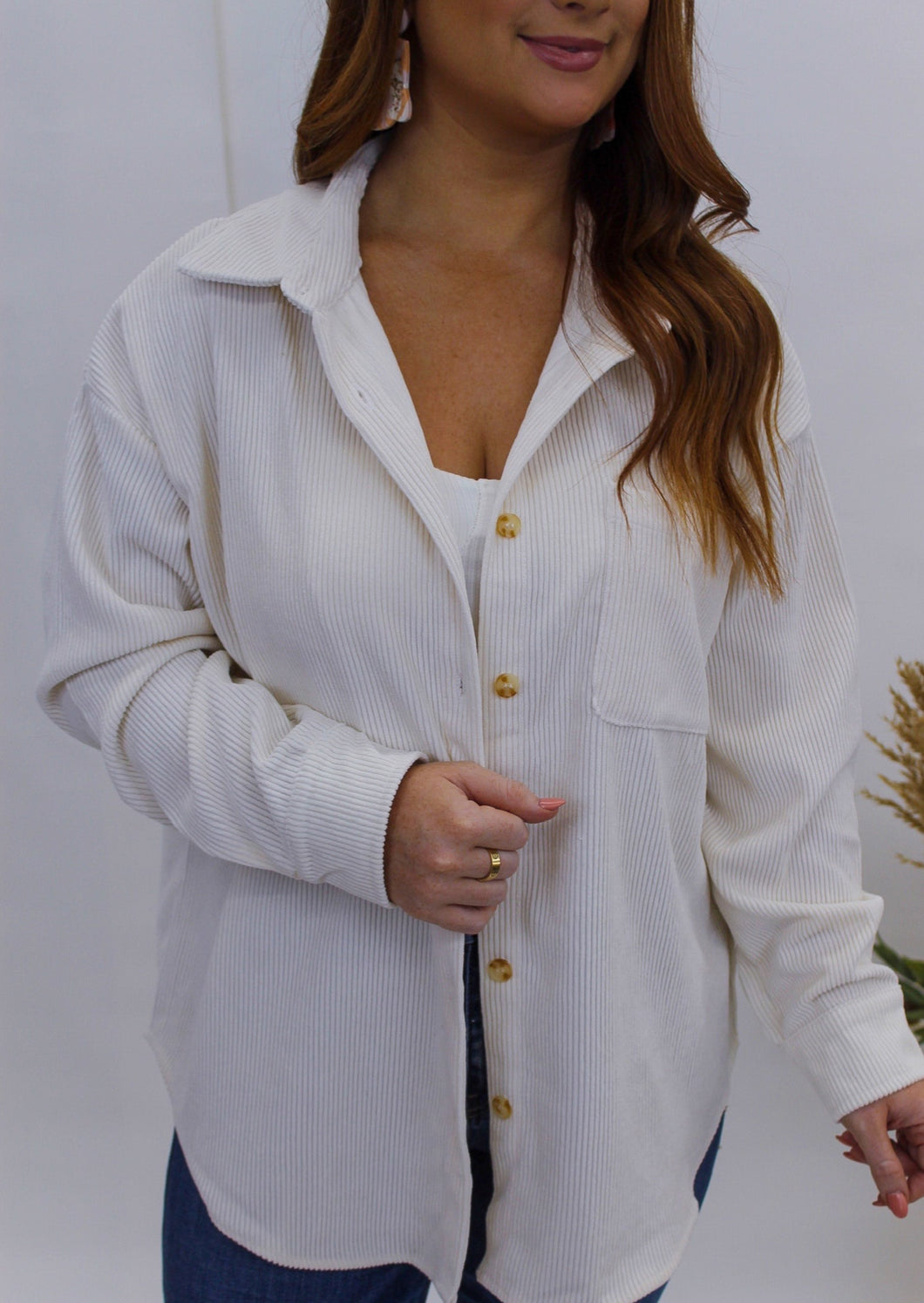 Fate Corduroy Button Up Shacket- Ivory