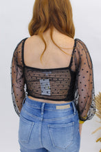 Load image into Gallery viewer, Godwin Polka Dot Mesh Sleeve Smocked Crop Top-Black
