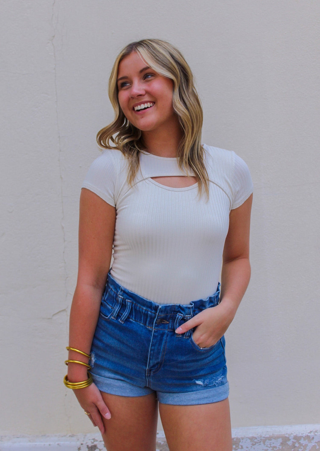 Iris Ribbed Peakaboo Bodysuit- Stone