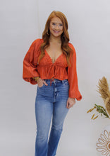 Load image into Gallery viewer, All Love Tie Front Peplum Crop Top- Rust
