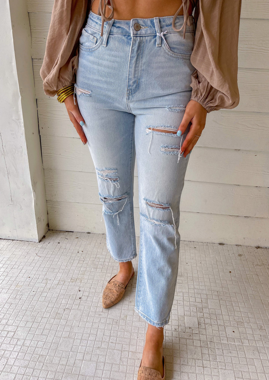 Beverley Super High Rise Distressed Crop Straight Jeans- Light Wash