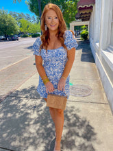 Load image into Gallery viewer, Santorini Floral Mini Dress- Blue/White

