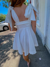 Load image into Gallery viewer, Better Off Ribbon Tie Fit Flare Mini Dress- White

