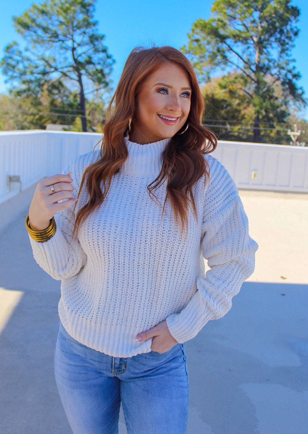 Patti Mock Neck Knit Sweater- White