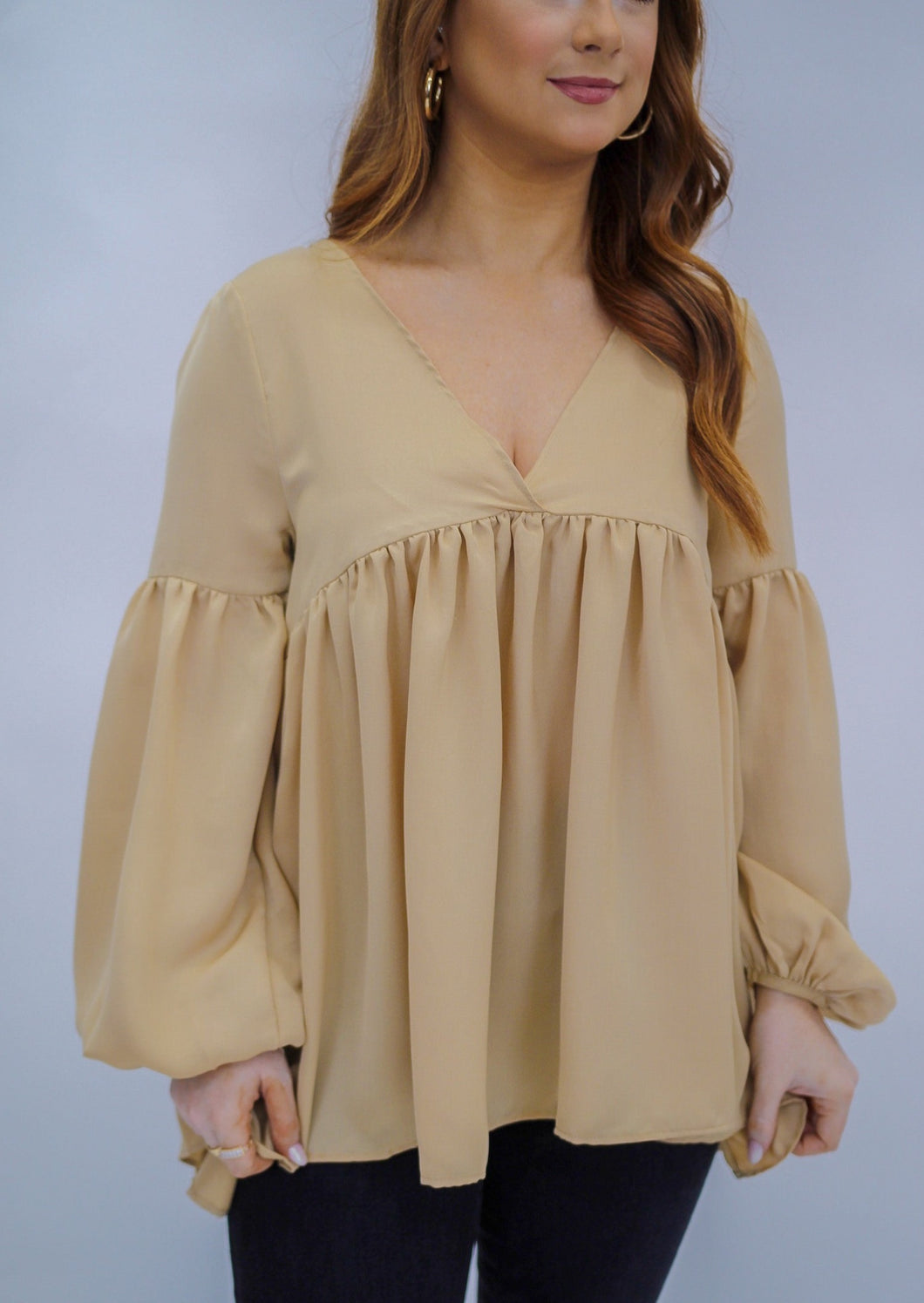 Connie V Neck Shirred Top- Taupe