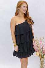 Load image into Gallery viewer, Romantic One Shoulder Ruffled Mini Dress- Black
