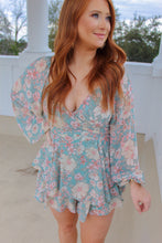 Load image into Gallery viewer, Nyla Floral Ruffled Long Sleeve Romper- Aqua
