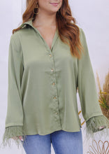 Load image into Gallery viewer, Power Love Button Up Feather Detail Sleeve- Olive
