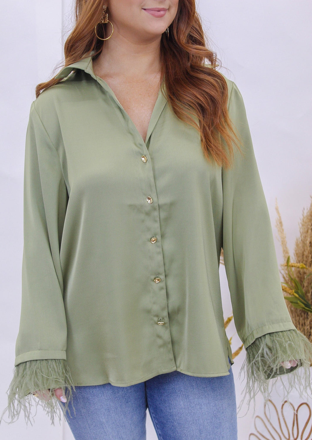 Power Love Button Up Feather Detail Sleeve- Olive