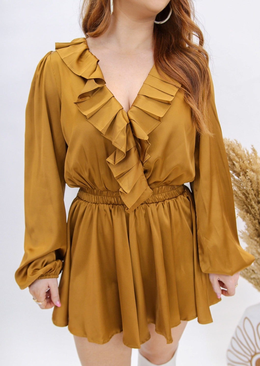 Milly Pleated Ruffle Romper- Camel