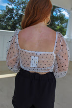 Load image into Gallery viewer, Godwin Polka Dot Mesh Sleeve Smocked Crop Top- White/Black
