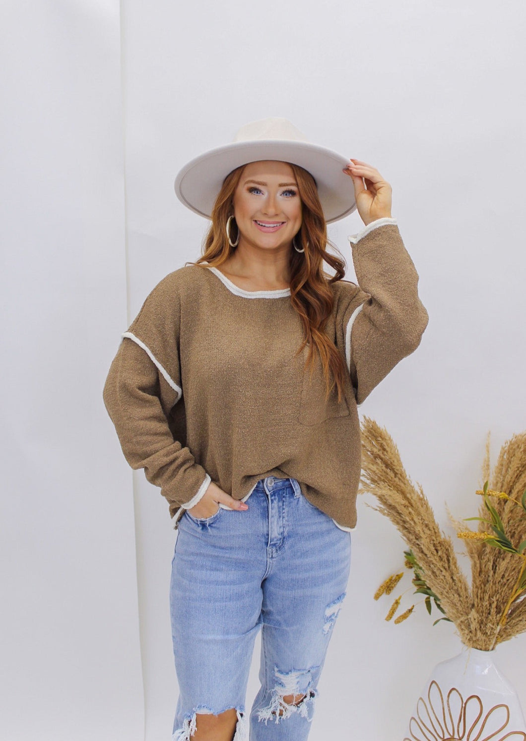 Hunter Contrast Trim Pocket Sweater- Almond