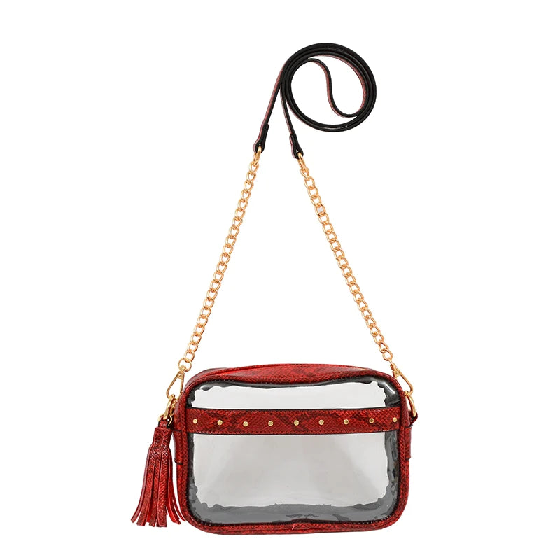 Clear Crossbody with Tassel- Maroon Python