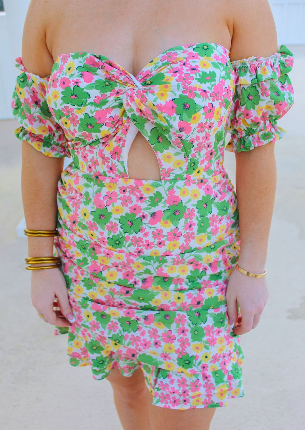 Natasha Off Shoulder Floral Dress- Green