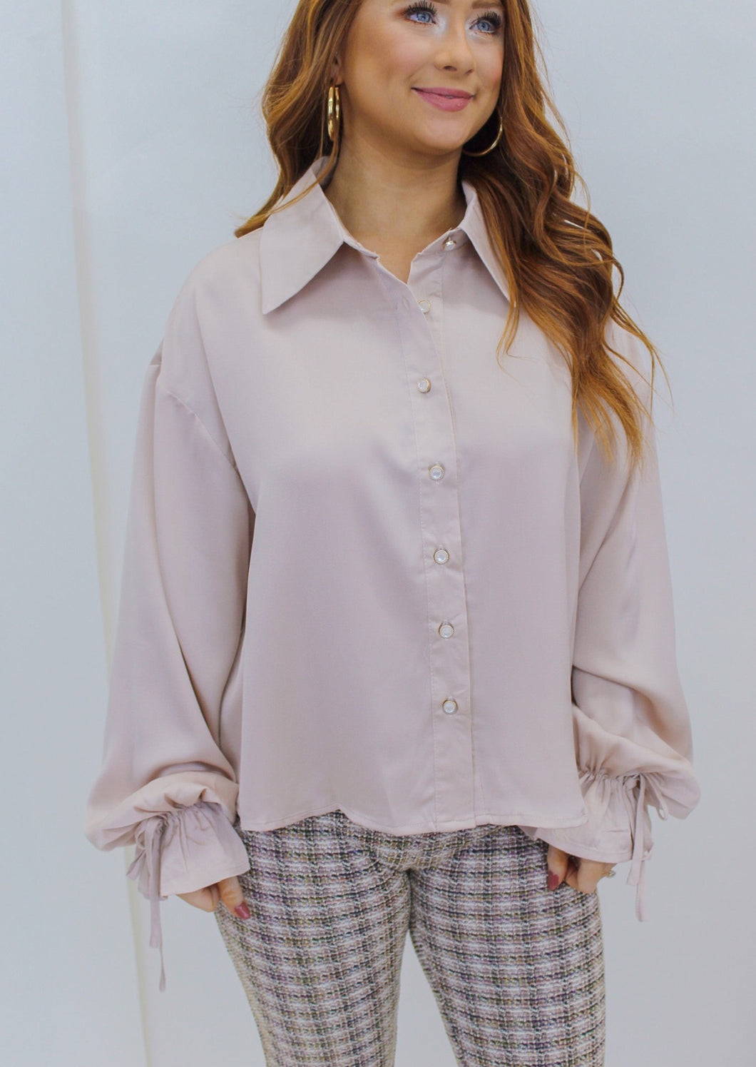 Passion Satin Pearl Button Up- Champagne