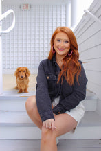 Load image into Gallery viewer, Aubrey Drawstring Crop Denim Jacket- Charcoal Grey
