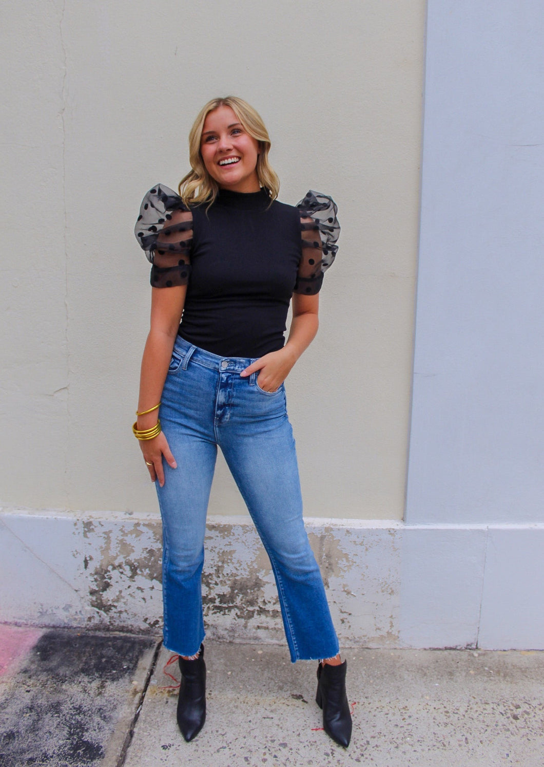 Kelaya Puff Sleeve Polka Dot Bodysuit- Black