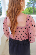Load image into Gallery viewer, Godwin Polka Dot Mesh Sleeve Smocked Crop Top- Mauve/Black
