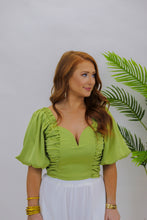 Load image into Gallery viewer, Flirty Feelings Ruched Cropped Top- Avocado
