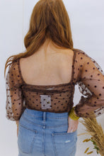 Load image into Gallery viewer, Godwin Polka Dot Mesh Sleeve Smocked Crop Top- Mocha
