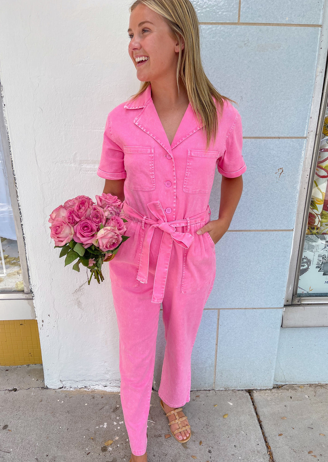 Pinky Utility Waist Tie Jumpsuit- Pink